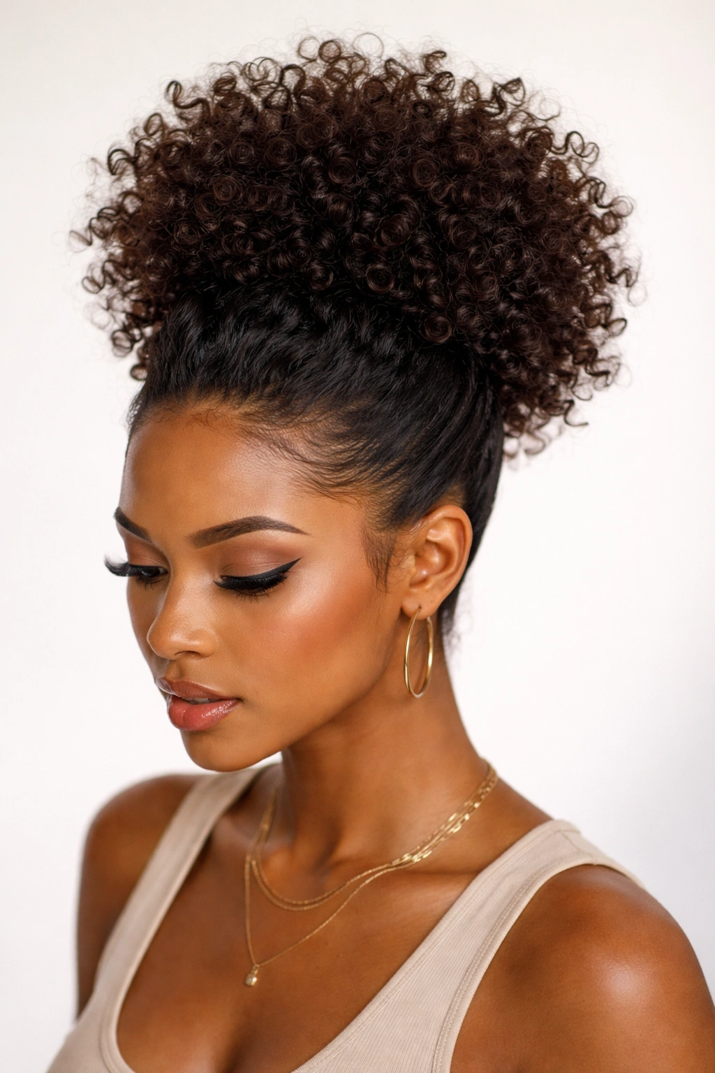 Close-up of The Curly Mohawk Puff showing a high center puff with smooth sides on curly hair