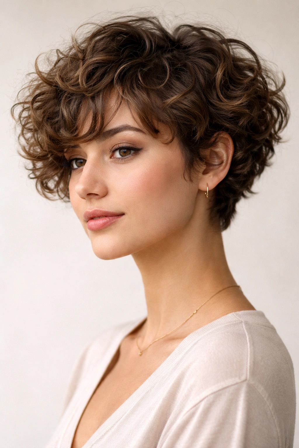 Curly pixie bob with soft shape and defined curls around crown.