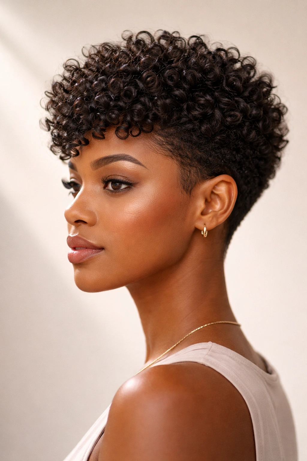 Portrait of a person with a curly pixie cut emphasizing coil texture.