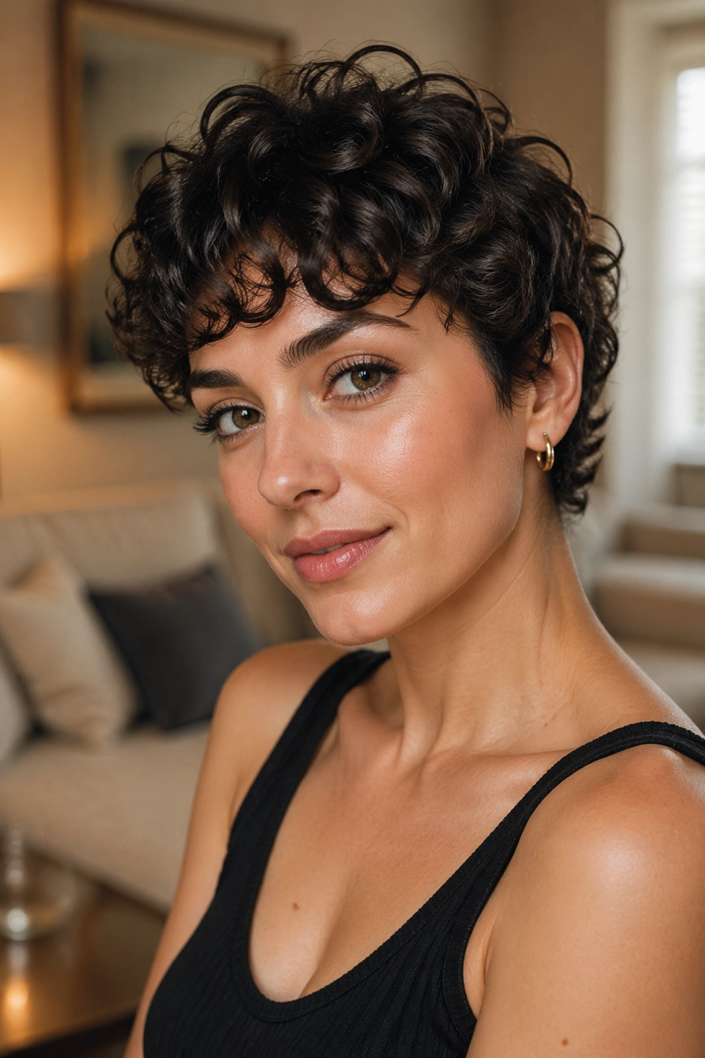 Close-up portrait of a real woman with a curly pixie and soft fringe in warm natural light