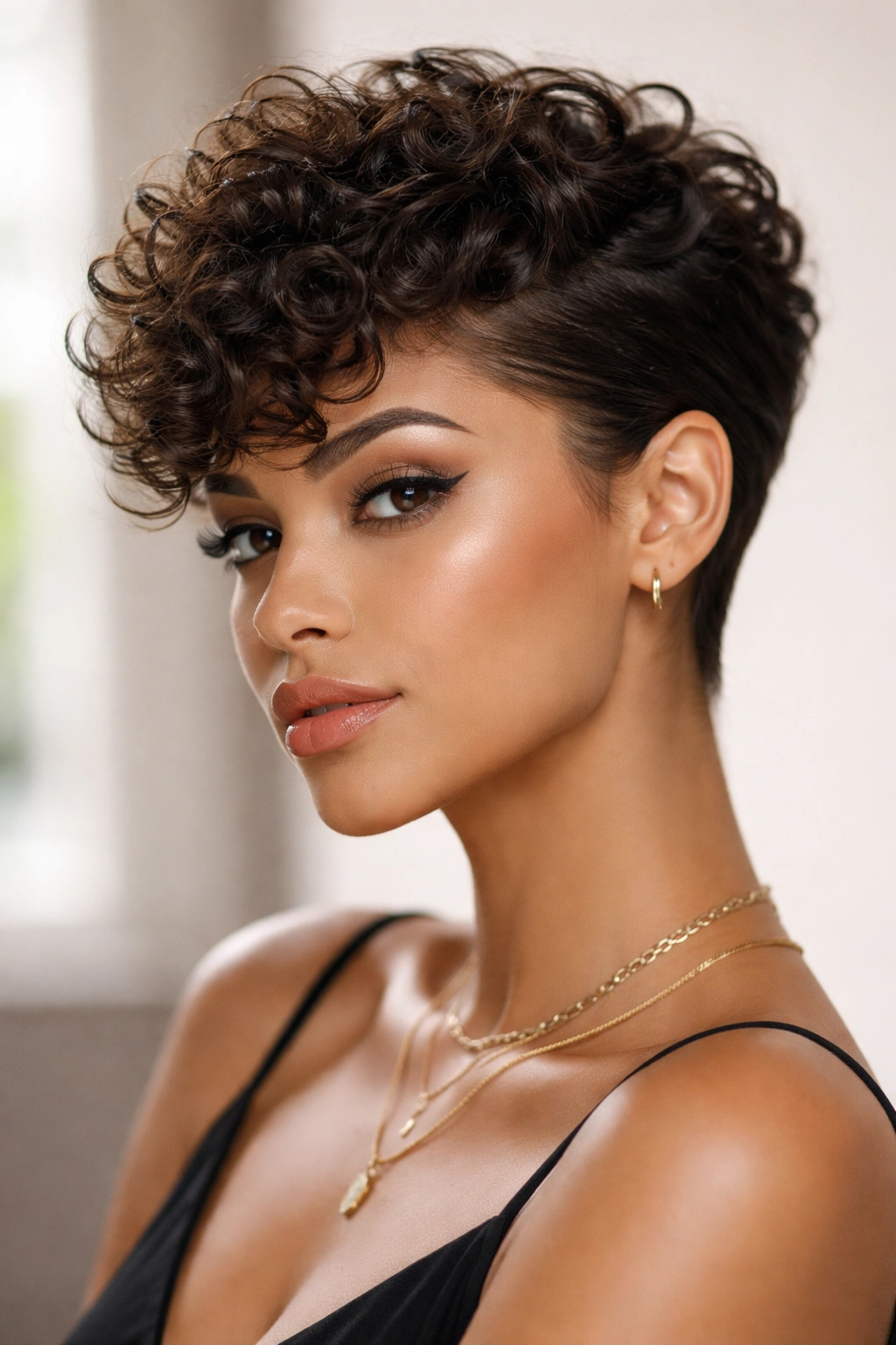 Curly pixie with tucked sides and fluffy top.