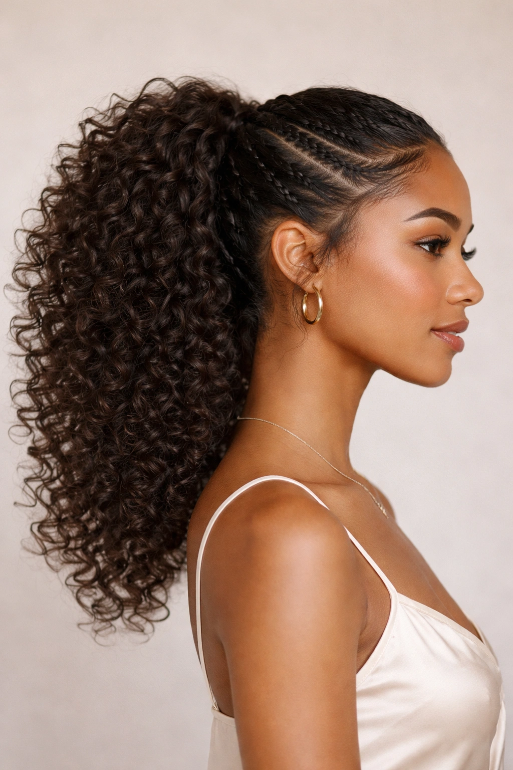 Curly ponytail with a small braid accent at the temple side.