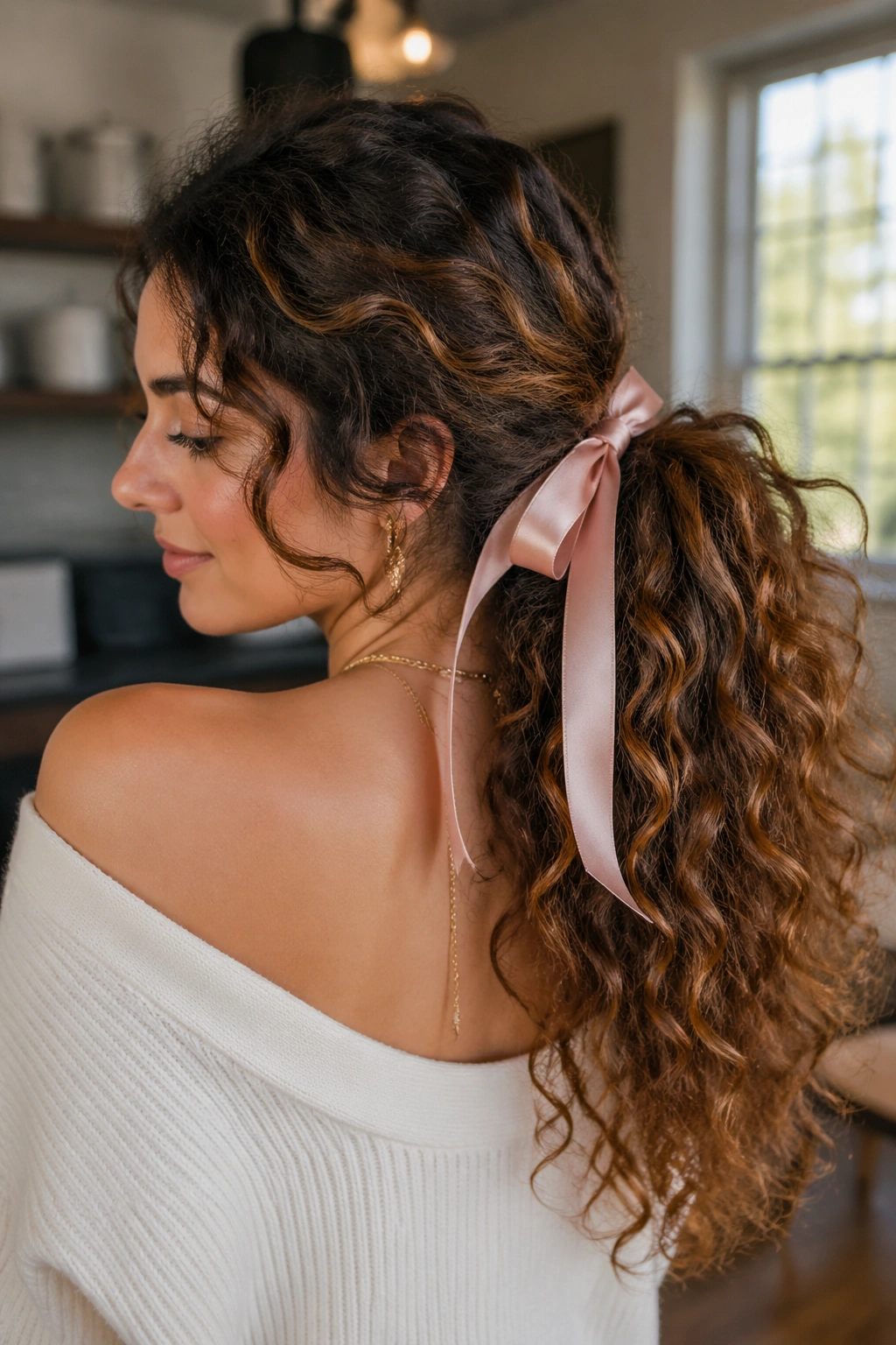Real woman with curly ponytail tied with satin ribbon