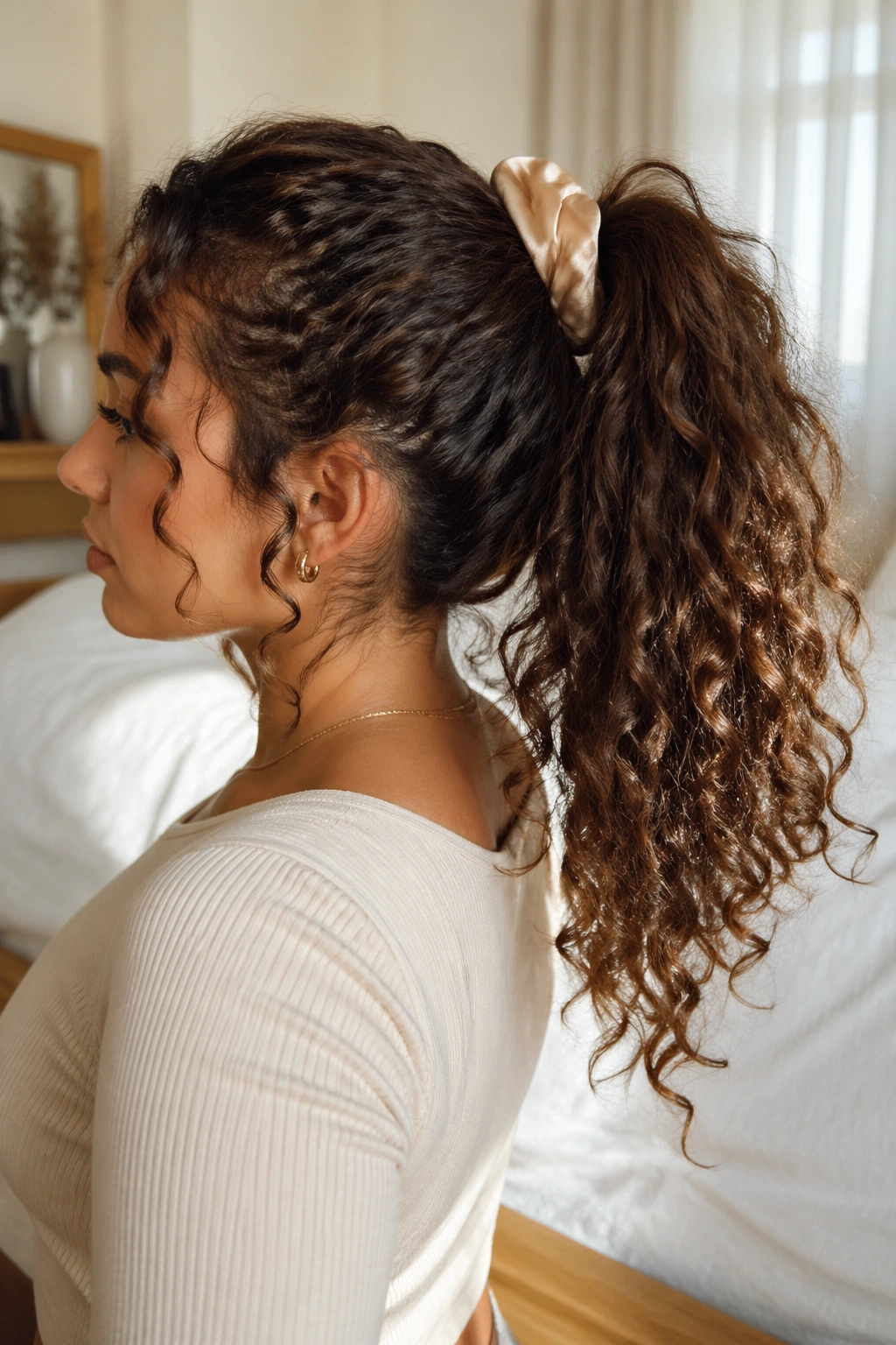 Side profile of real person with curly ponytail and satin scrunchie
