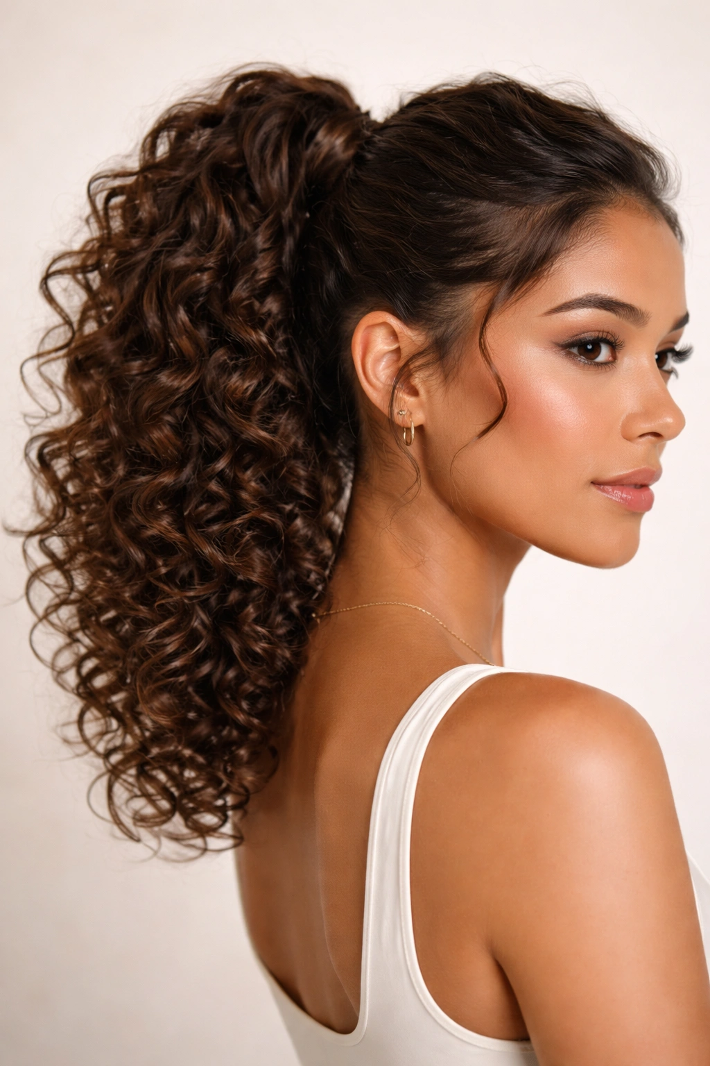 Curly ponytail with wrapped base showing texture and volume