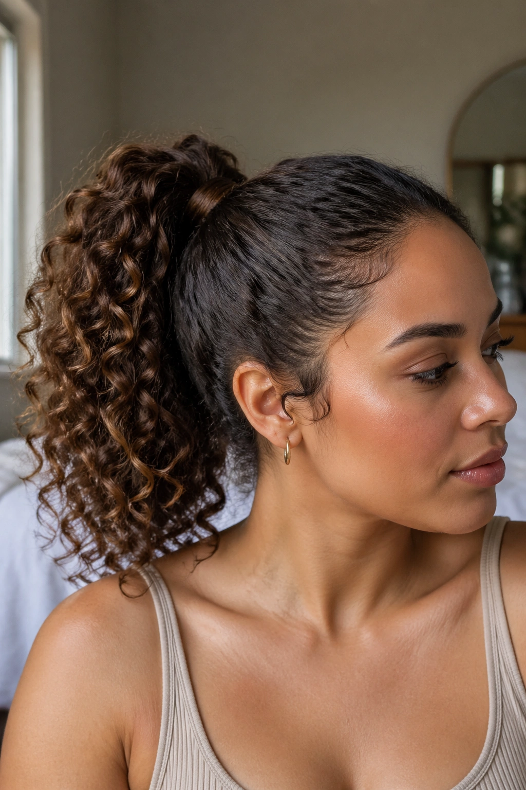 Close-up of a real woman with a curly ponytail wrapped base