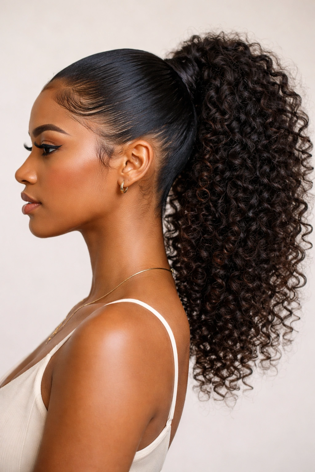 Curly ponytail with wrapped base and laid edges