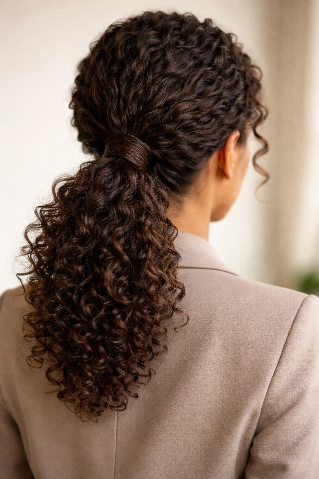 Back view of curly ponytail with wrapped base creating polished, interview-ready look.