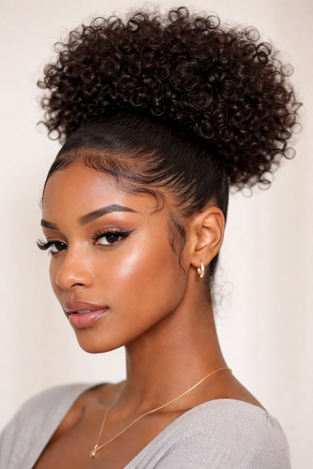 Close-up of a high curl puff with sleek edges on short hair.