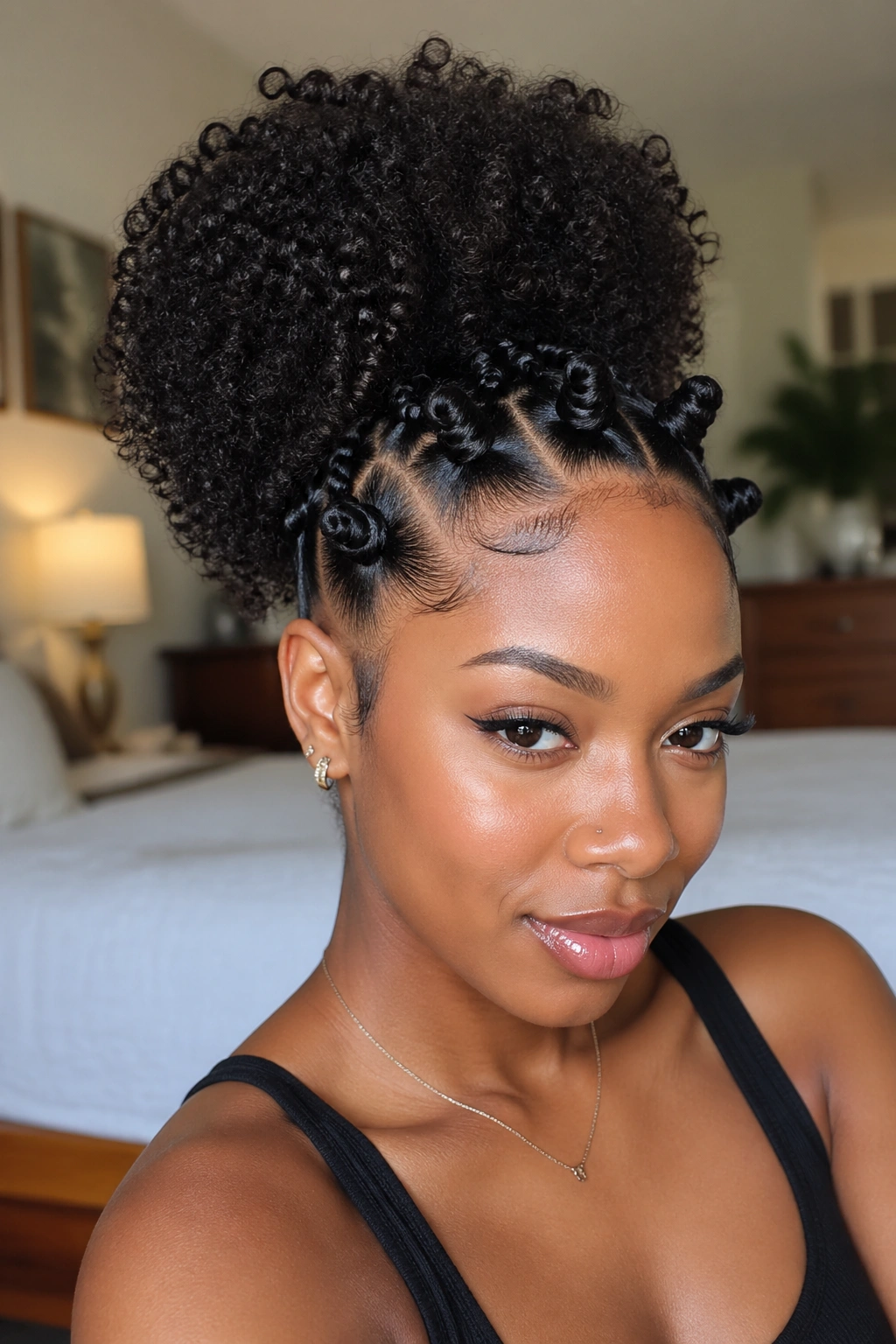 Real woman with curly puff ponytail and mini Bantu knots in front