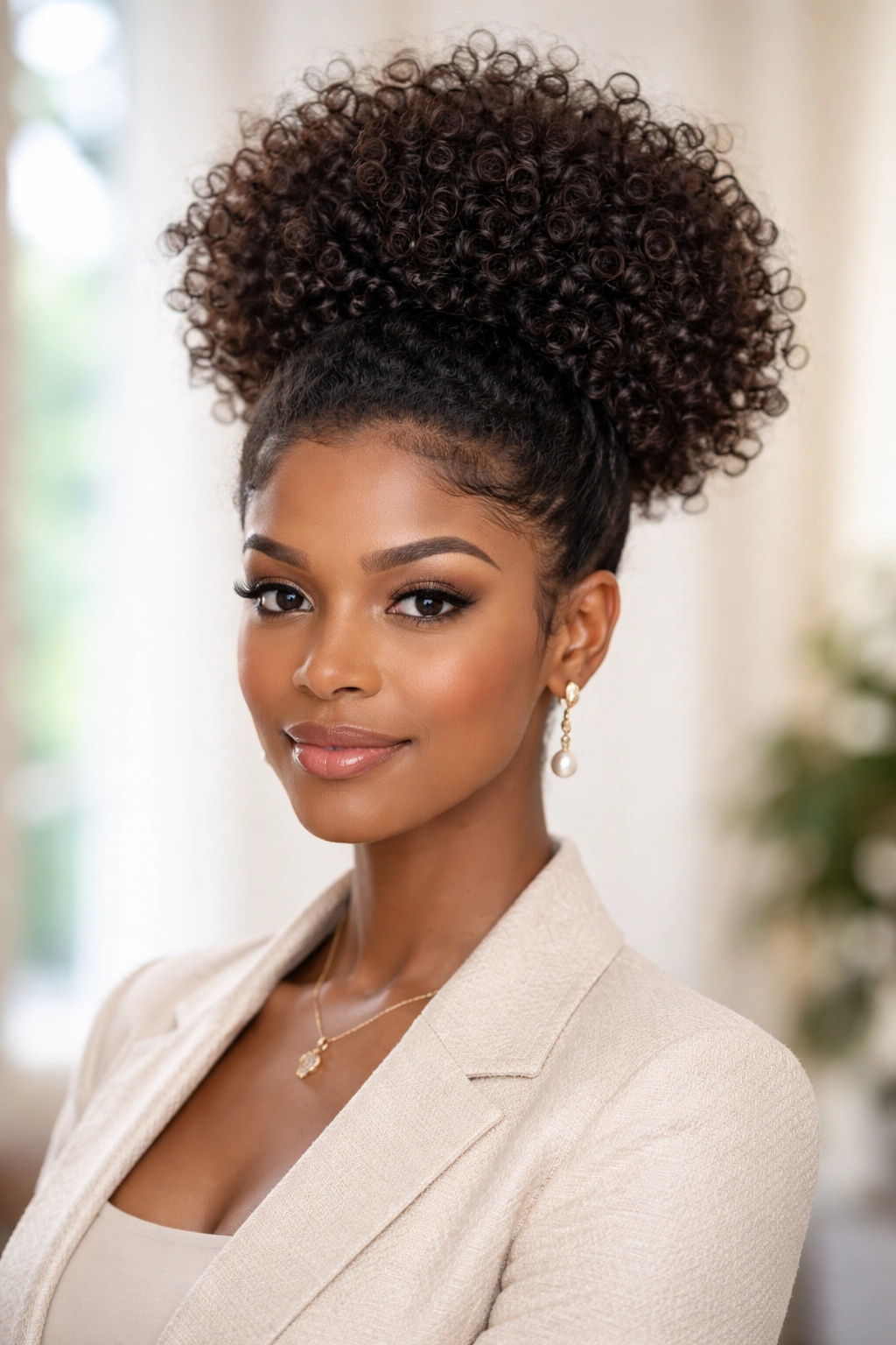 High curly puff atop the head with rounded silhouette and defined curls