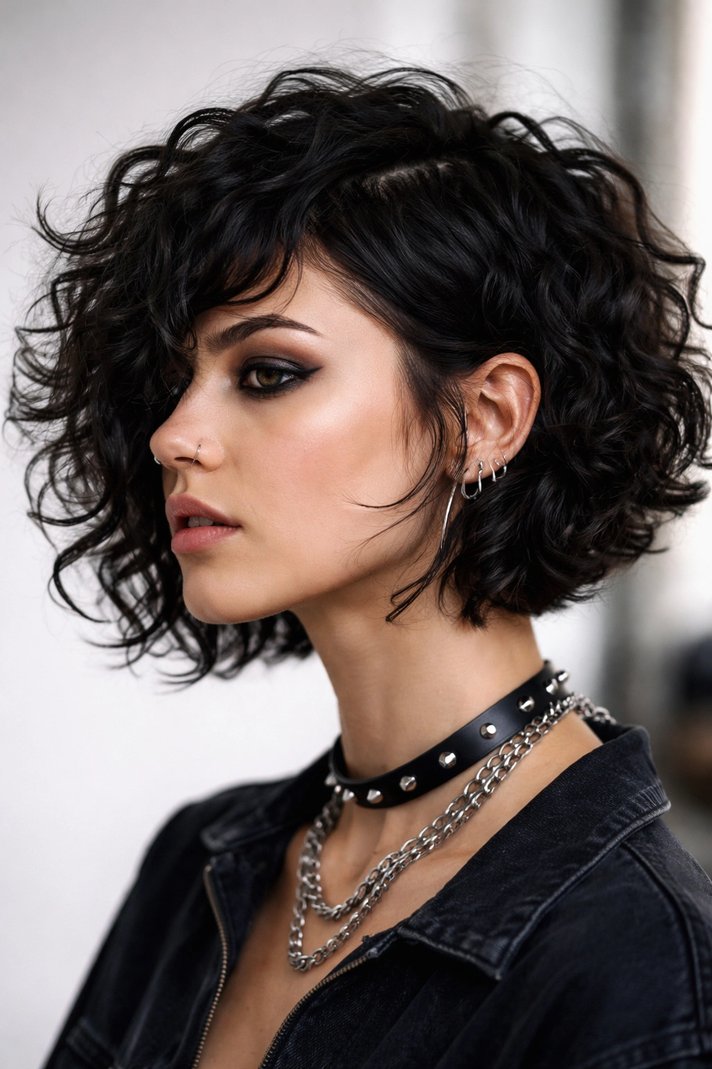 Close-up of curly punk bob with cheekbone-length curls and defined edge