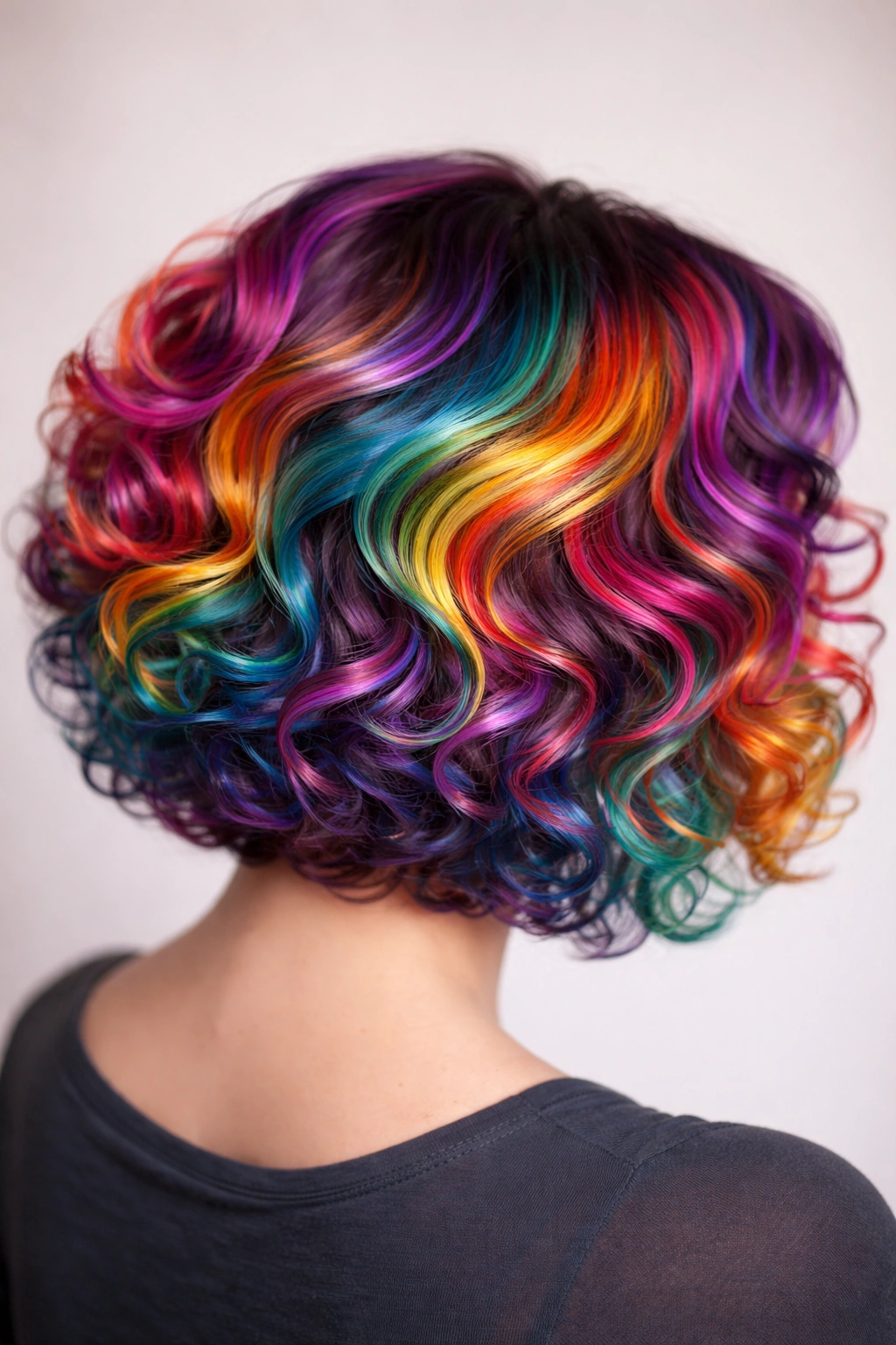 Close-up of curly rainbow bob with ribbons painted along curls emphasizing color separation