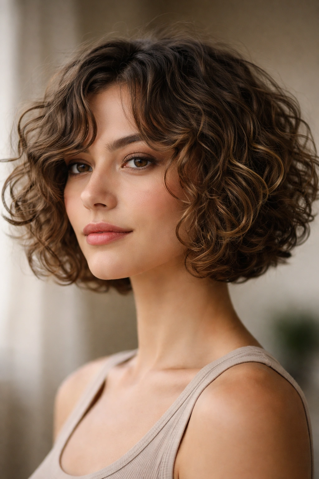 Close-up of curly hair in a chin-length razor bob with soft perimeter.