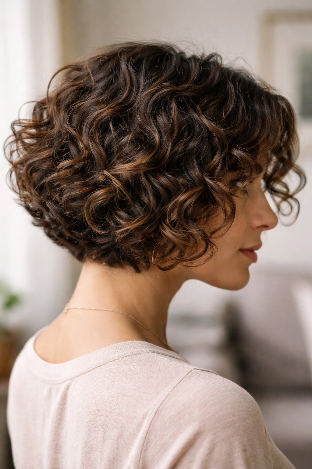 Close-up of a curly razor bob with defined shape and springy curls.