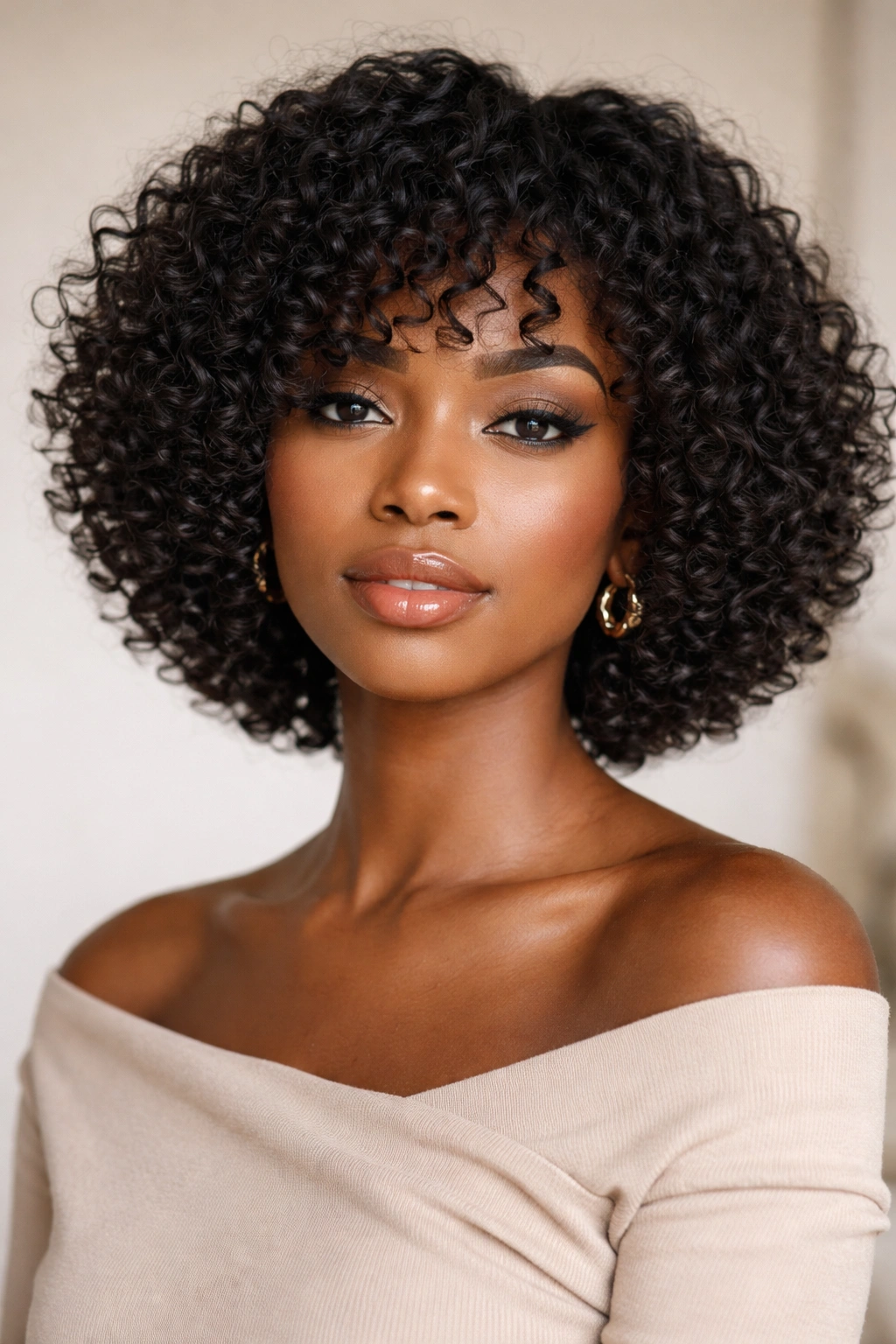 Curly razor bob with defined curl clumps on natural texture