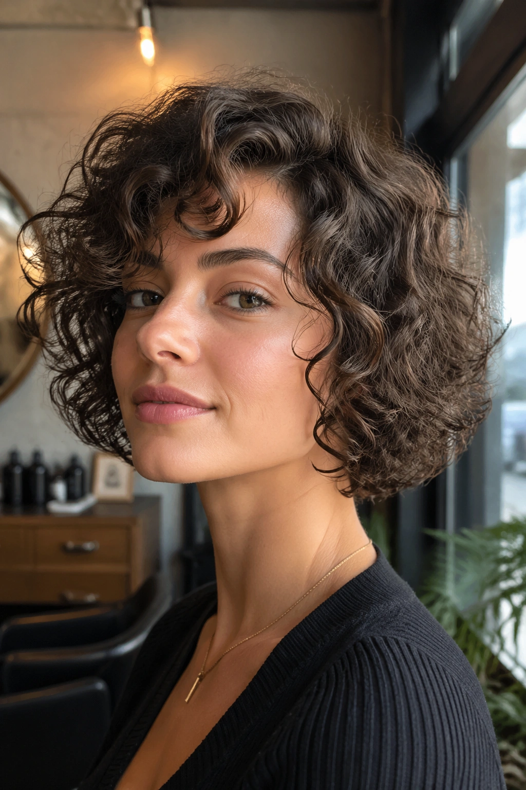 Close-up of a real woman with a curly razor cut bob and defined curls.