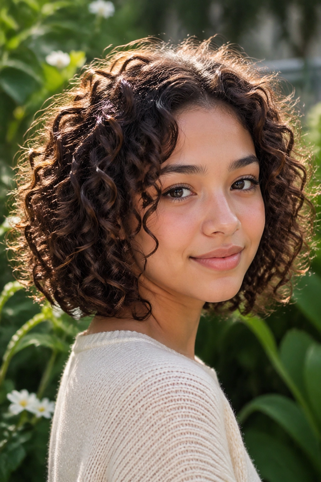Close-up of Curly Rounded Lob on a real girl with defined rounded curls.