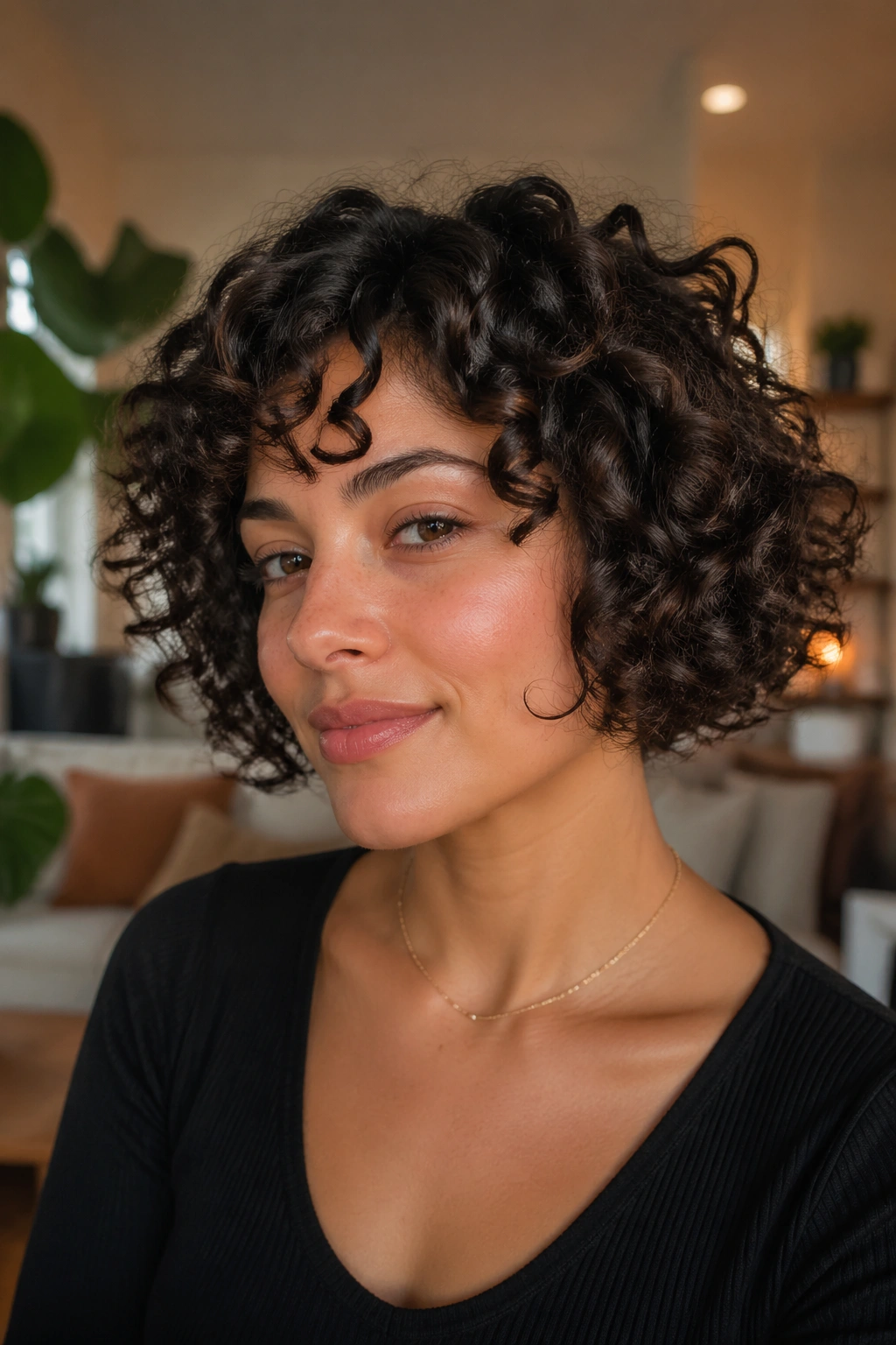 Close-up of a real woman with a curly sculpted bob showing curl pattern and shrinkage in warm indoor light