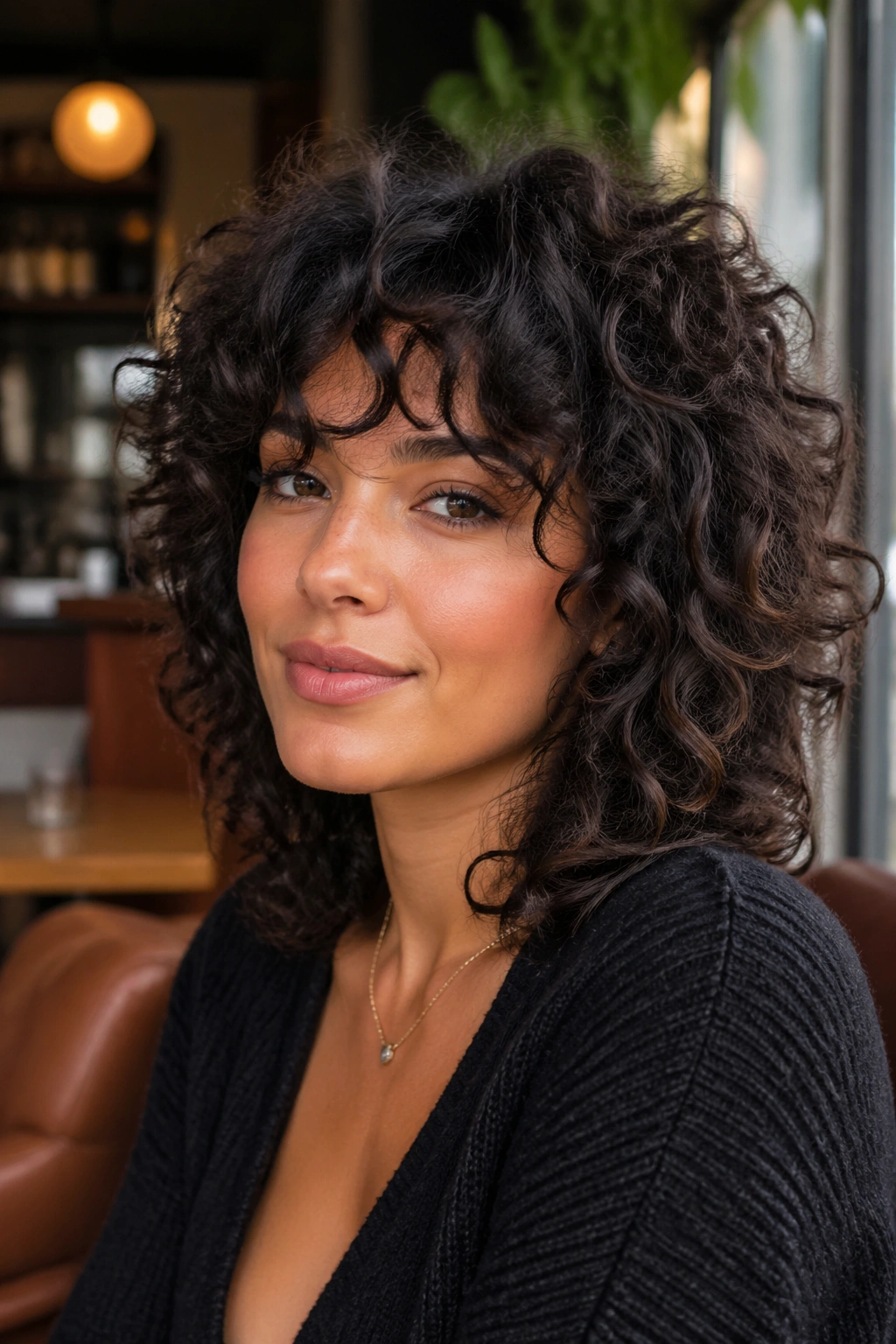 Close-up portrait of a real woman with a curly shag in a sunlit cafe