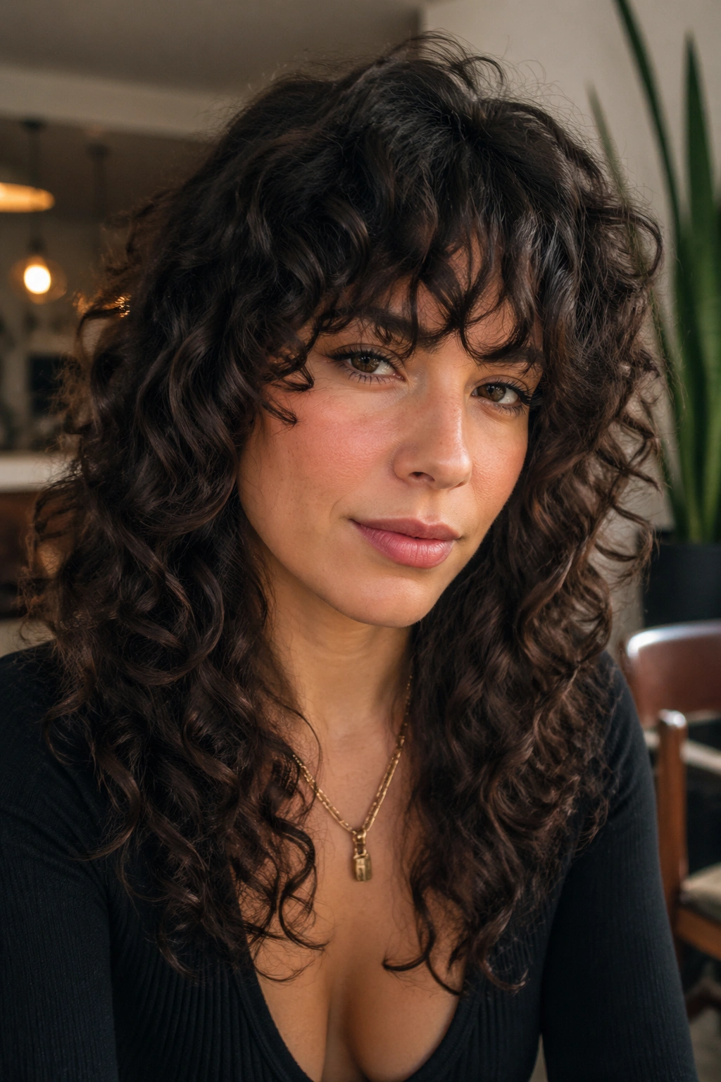 Portrait of a real woman with curly shag and bangs in a salon setting.