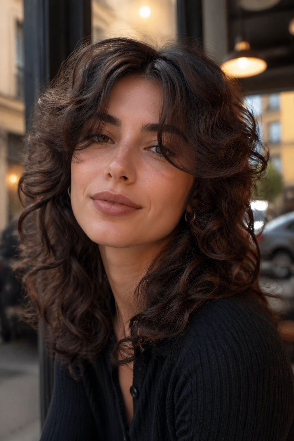 Portrait of a real person with a curly shag and center part