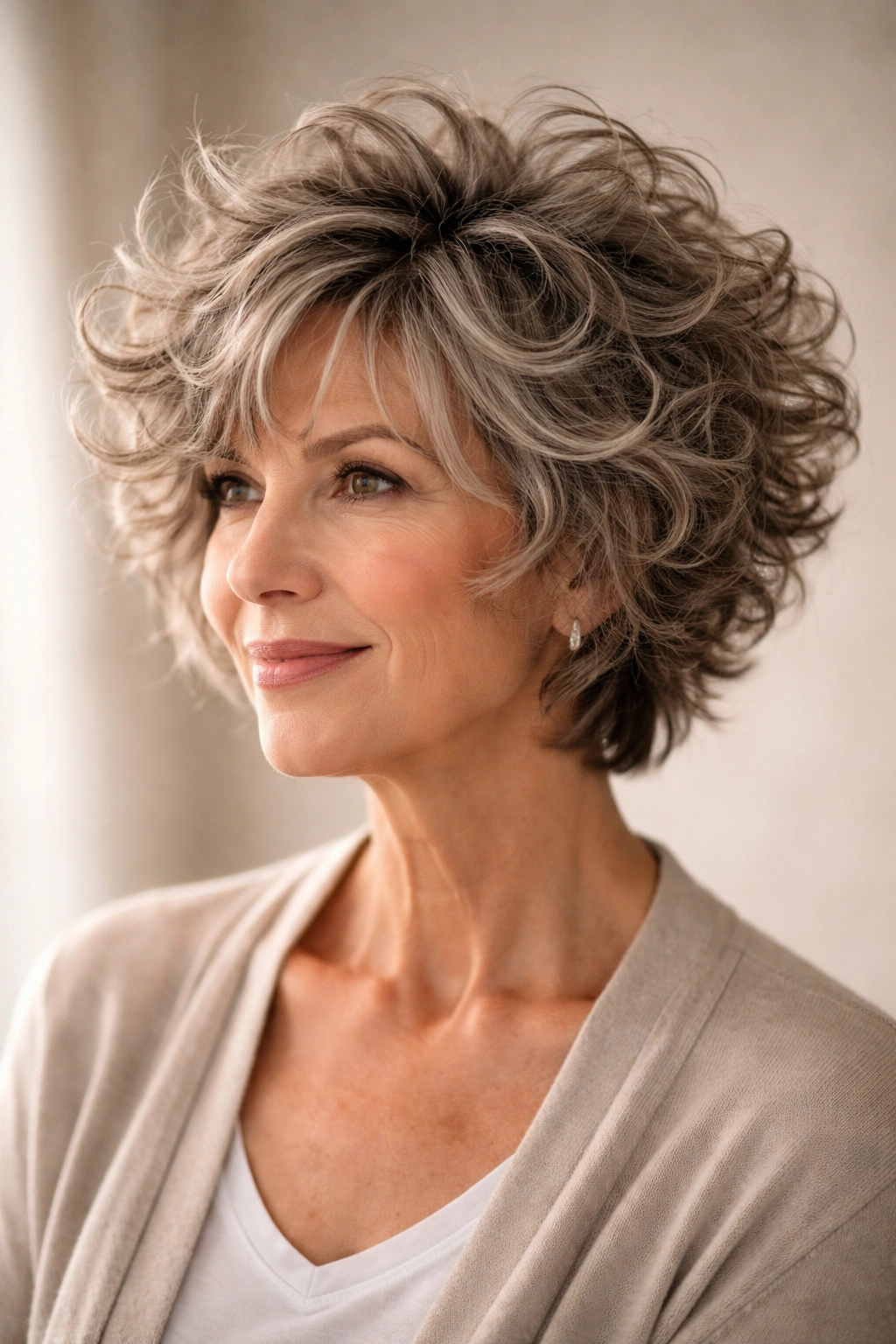 Close-up of a curly shag with crown lift on short hair