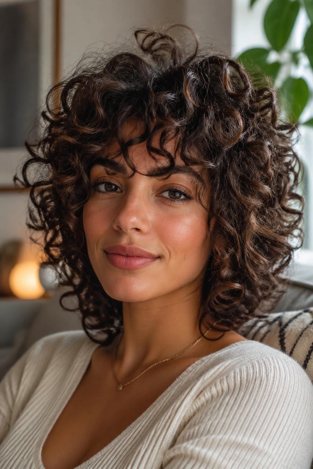 Close-up portrait of a woman with cheekbone-length curly shag in natural window light