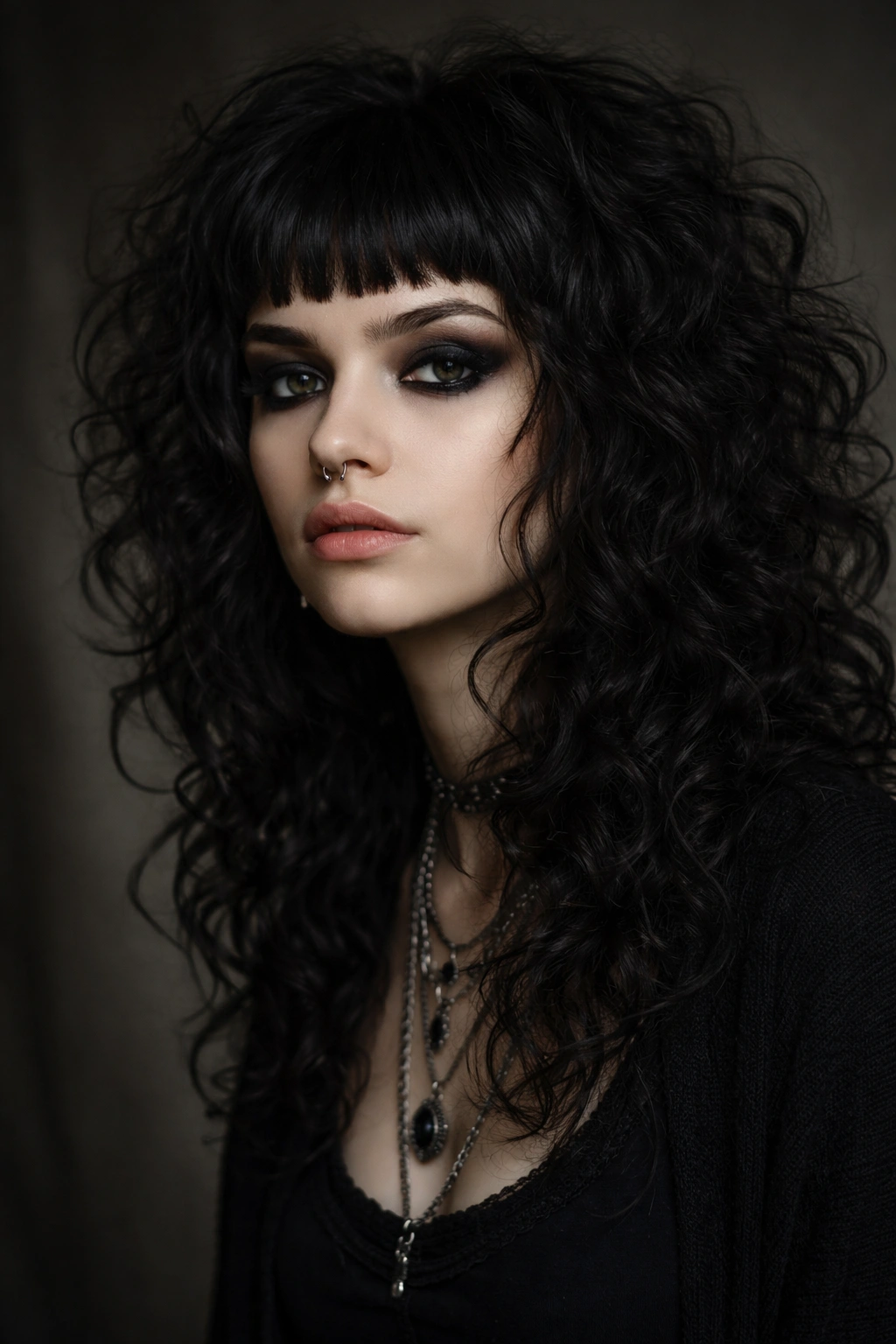 Texture-filled curly shag with micro bangs emphasizing goth edge