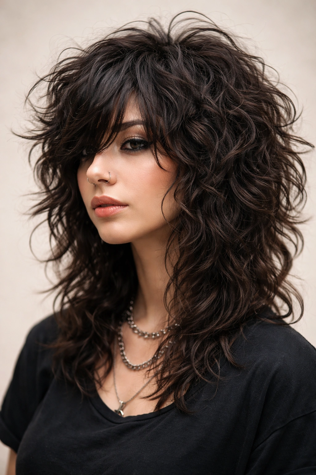 Portrait highlighting curly shag with crown lift and textured razor layers