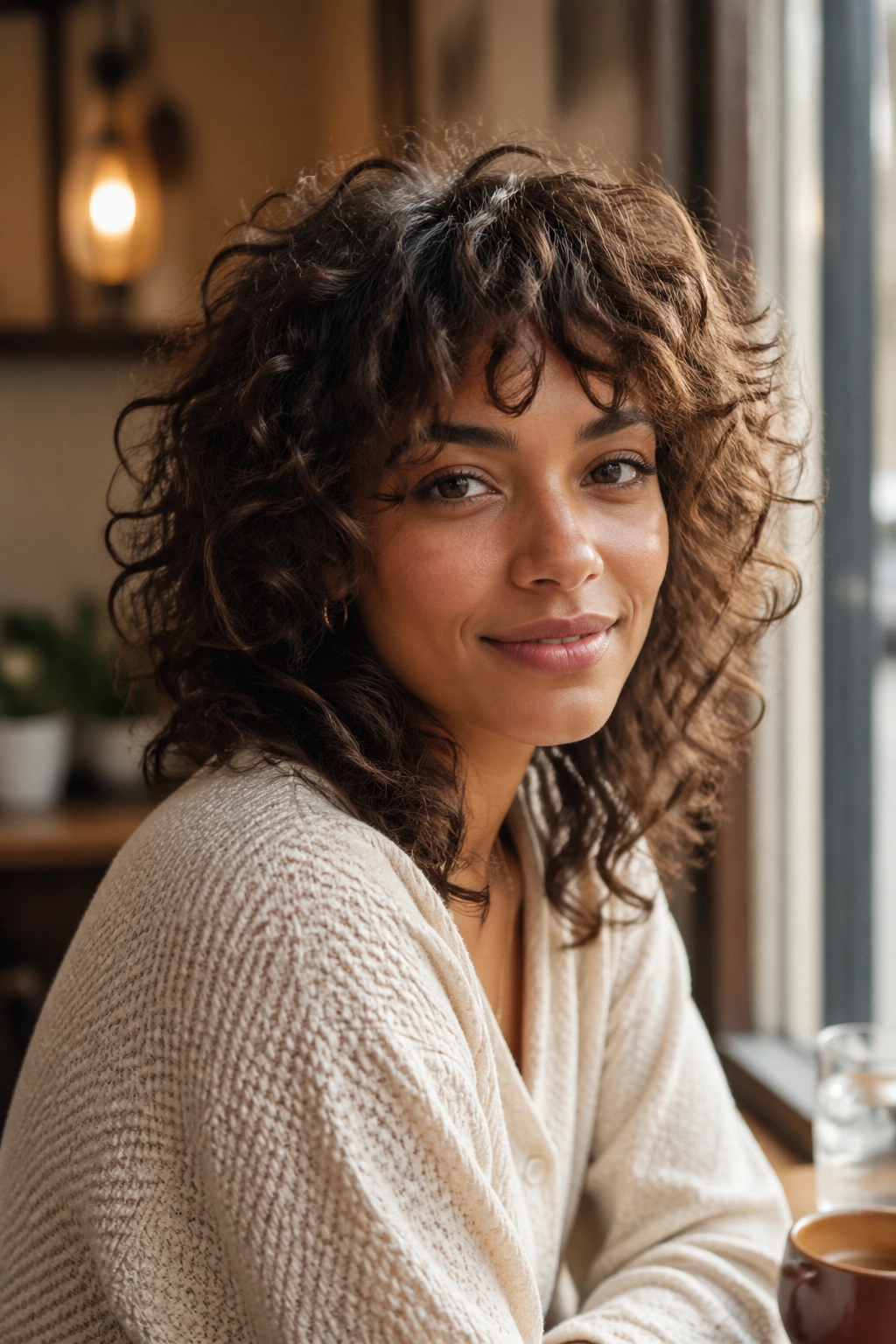 Real woman with curly shag and soft fringe in warm afternoon light