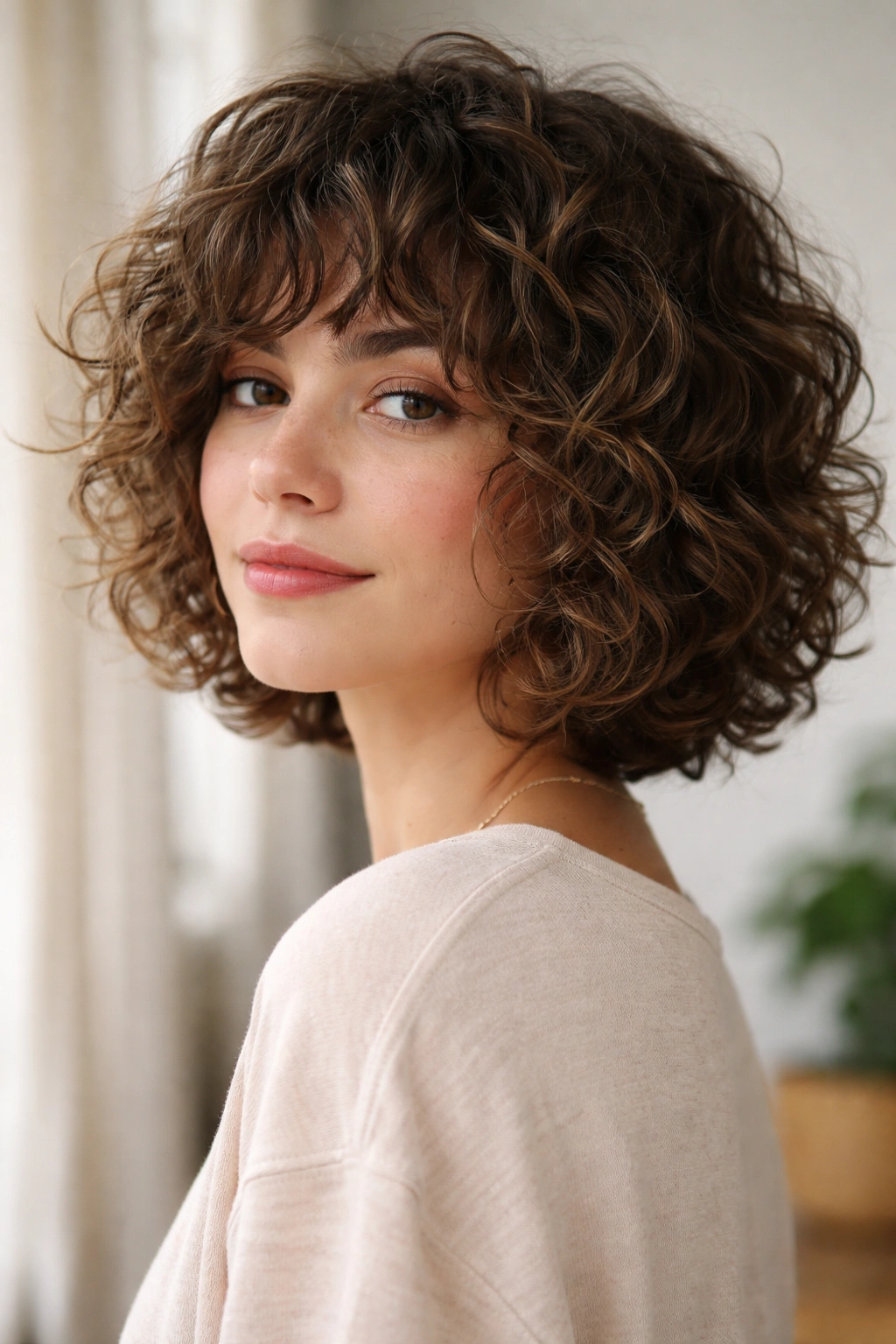 Curly shaggy bob with rounded layers and defined curls