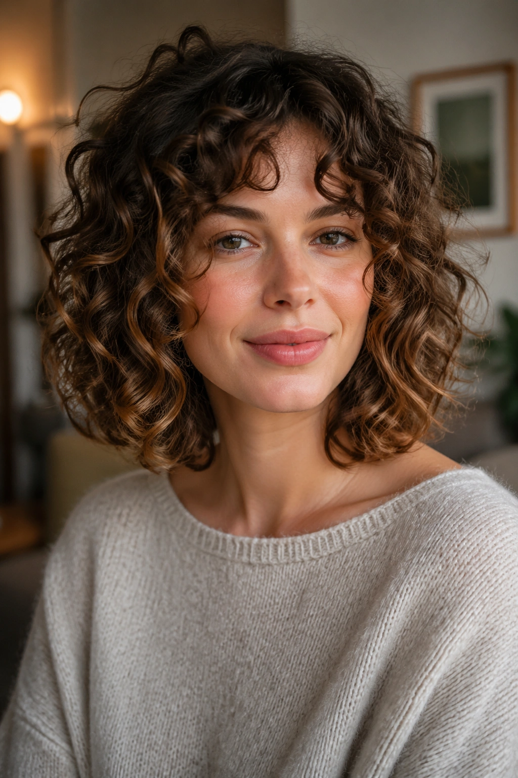 Close-up of a real woman with a curly shoulder-length layered bob