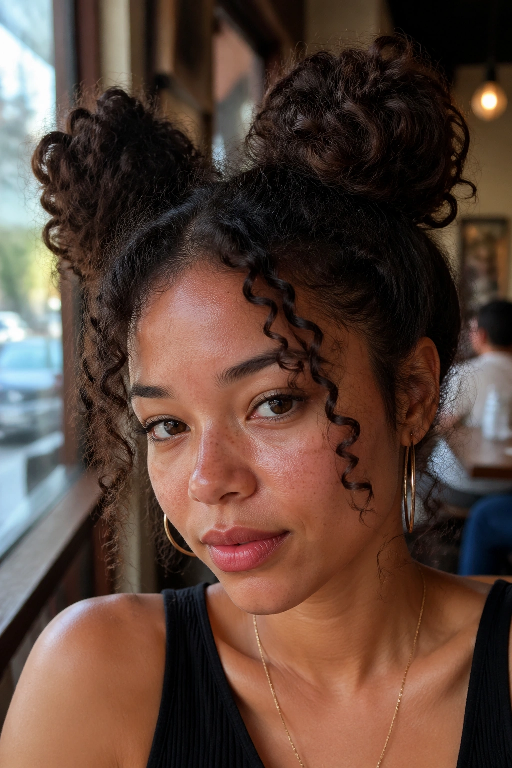 Close-up of real person with two high space buns and curly textures