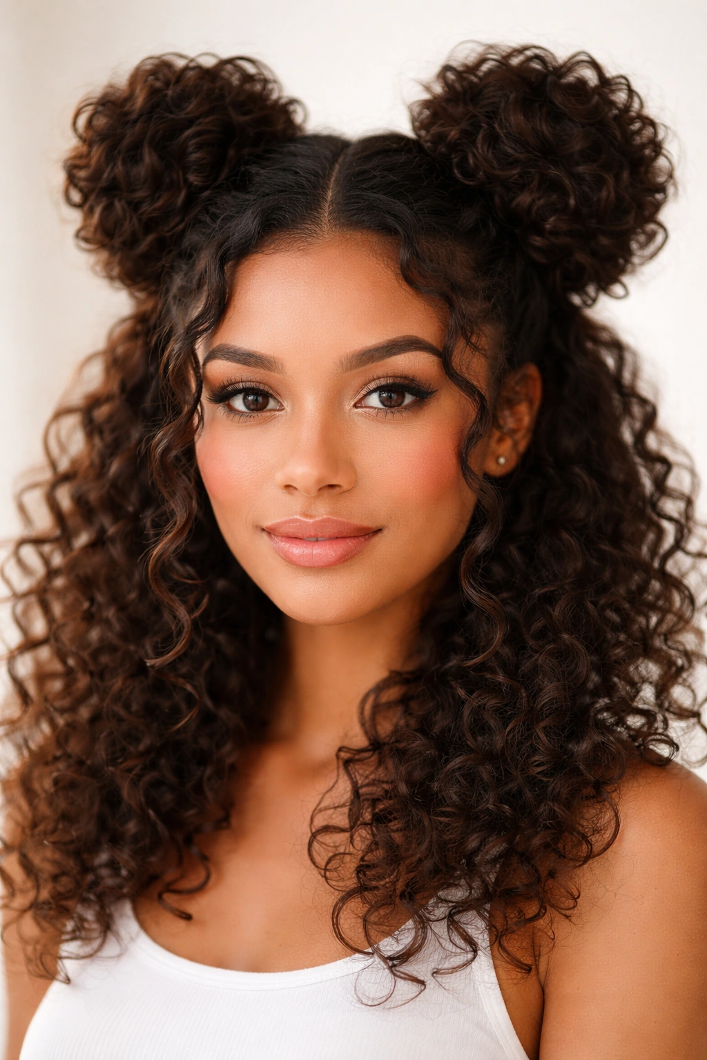 Curly space buns with center part and face-framing curls