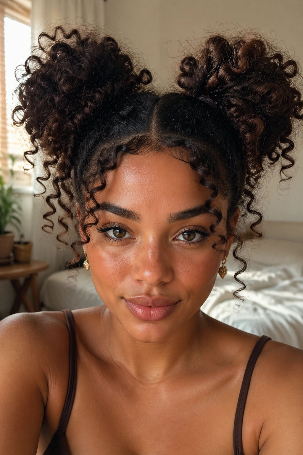 Close-up portrait of a real person with two high curly space buns under natural window light