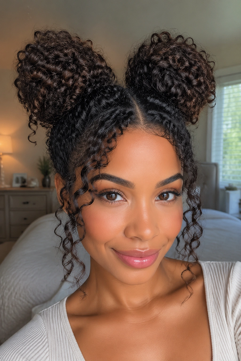 Close-up of a real woman with curly space buns in warm bedroom light