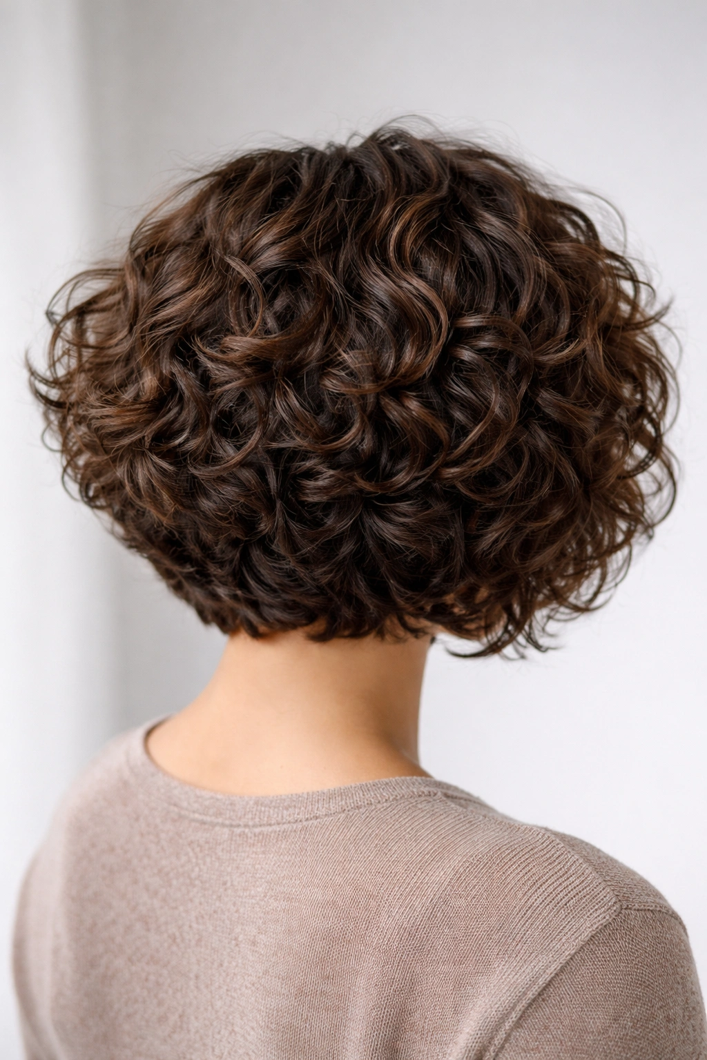 Back view of curly stacked bob with built-in lift and curled nape.