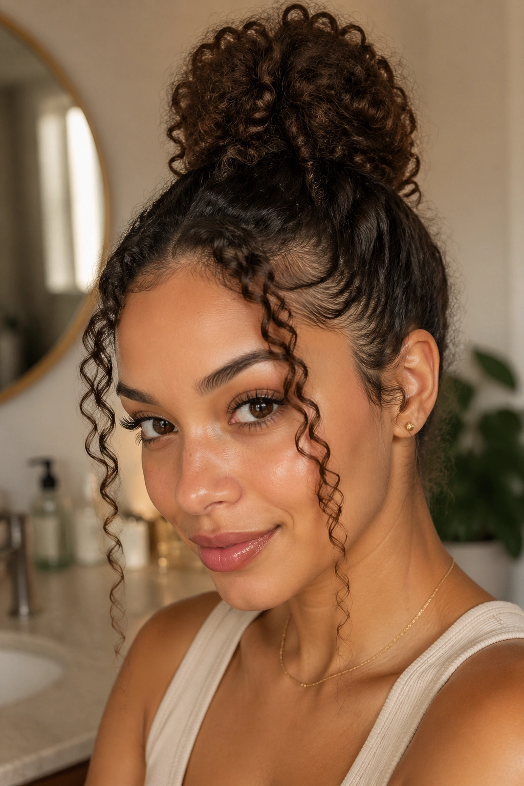 Close-up of a real woman with a curly top knot and face-framing curls.