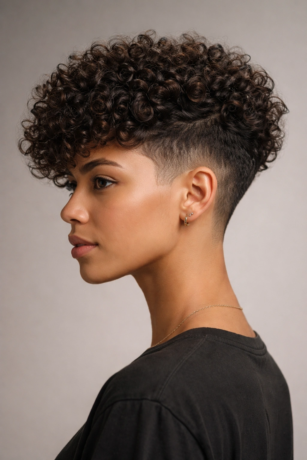 Close-up of curly undercut hairstyle with long textured curls on top and shaved sides
