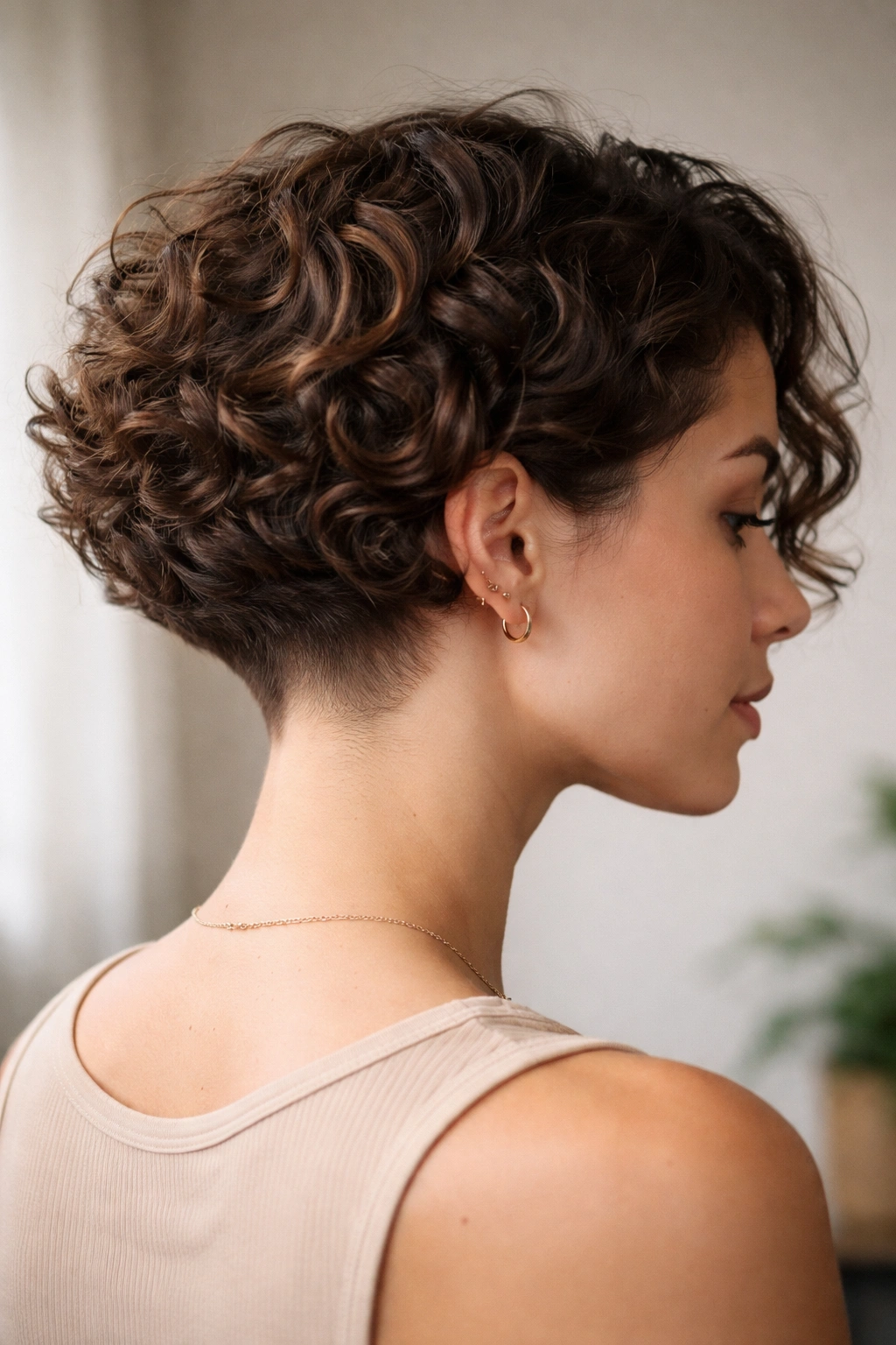 Side profile of a curly bob with undercut at the nape creating a clean arc