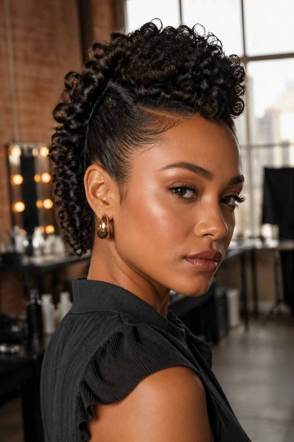 Close-up portrait of a real woman with a curly faux hawk updo featuring crown volume and flattened sides