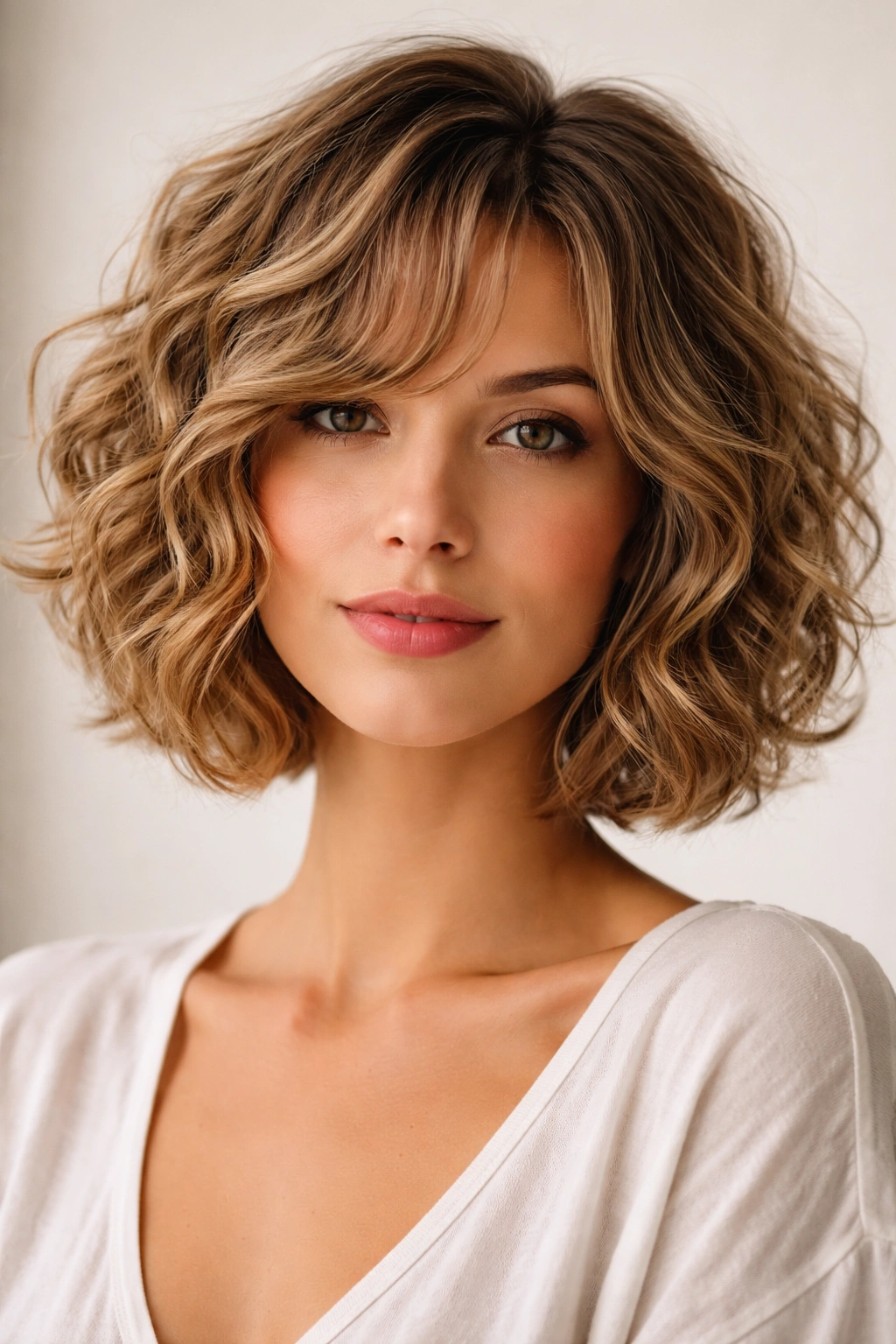 Close-up of Curly-Wavy Bob With Rounded Layers showing rounded silhouette and crown lift