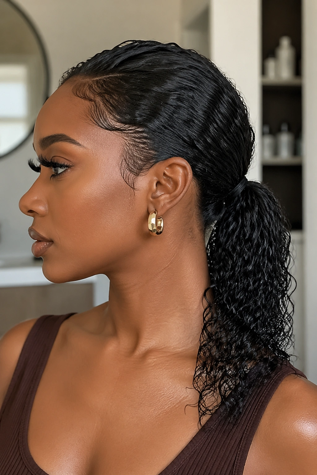 Close-up of a real woman wearing a curly wig styled into a low ponytail with a wet look