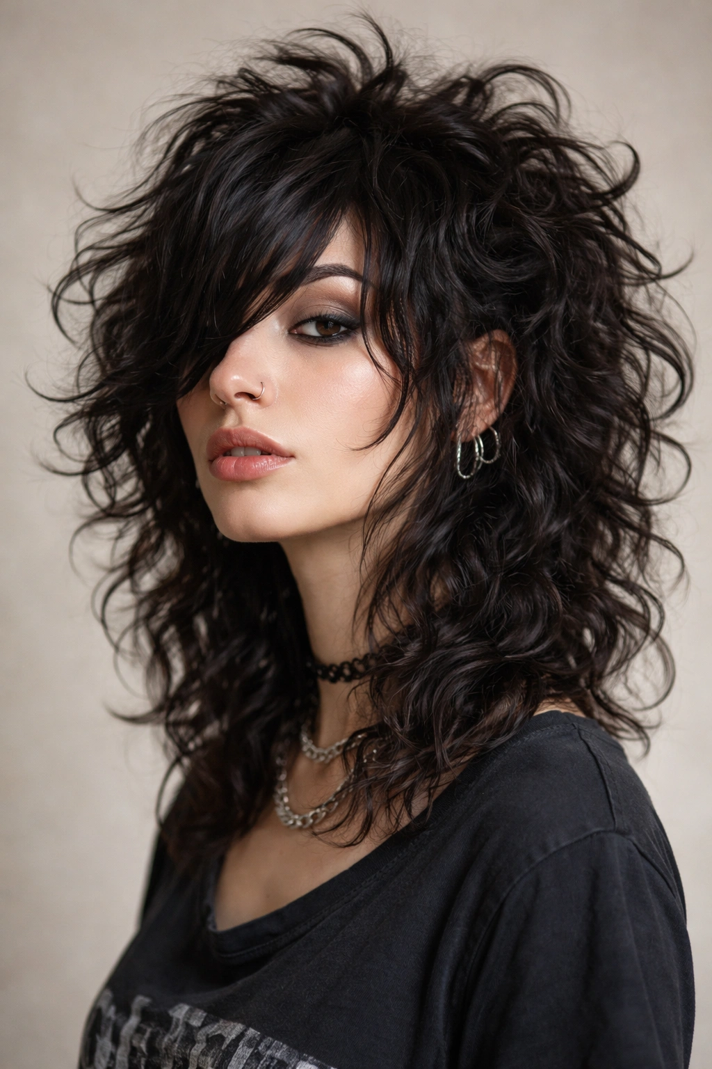 Medium shot of curly wolf cut with crown lift and uneven length silhouette