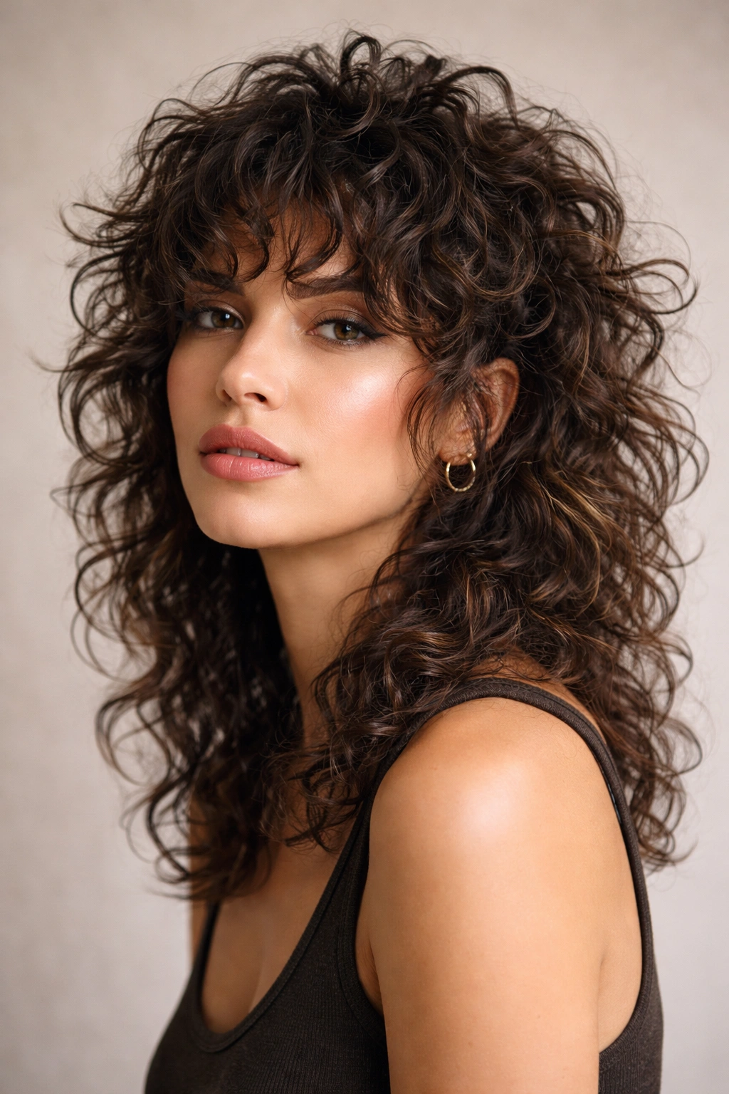 Close-up of curly wolf cut with piecey layers on an oval-face model, showing textured curls and edge.