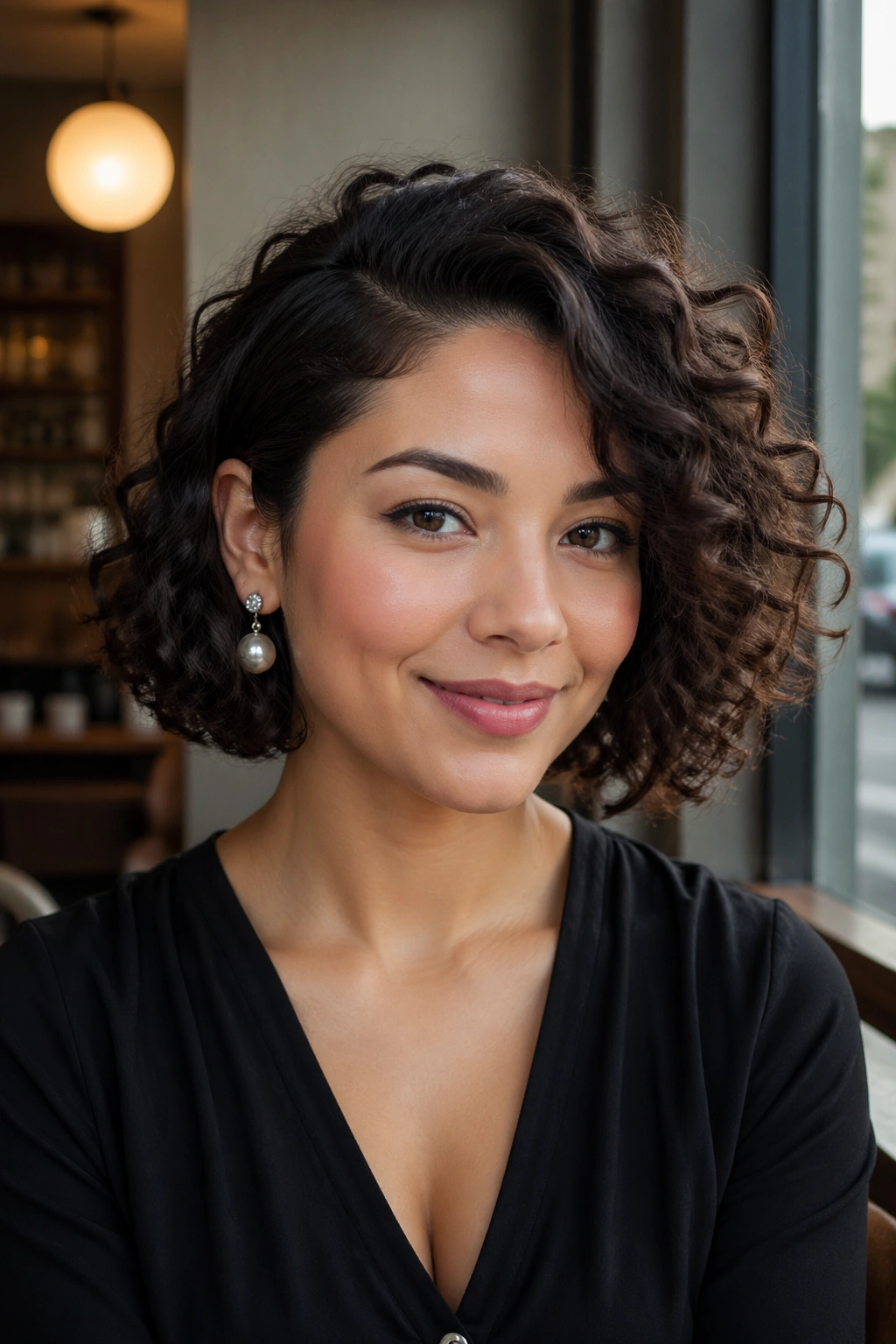 Close-up of a woman with a soft curly bob and a one-side sweep