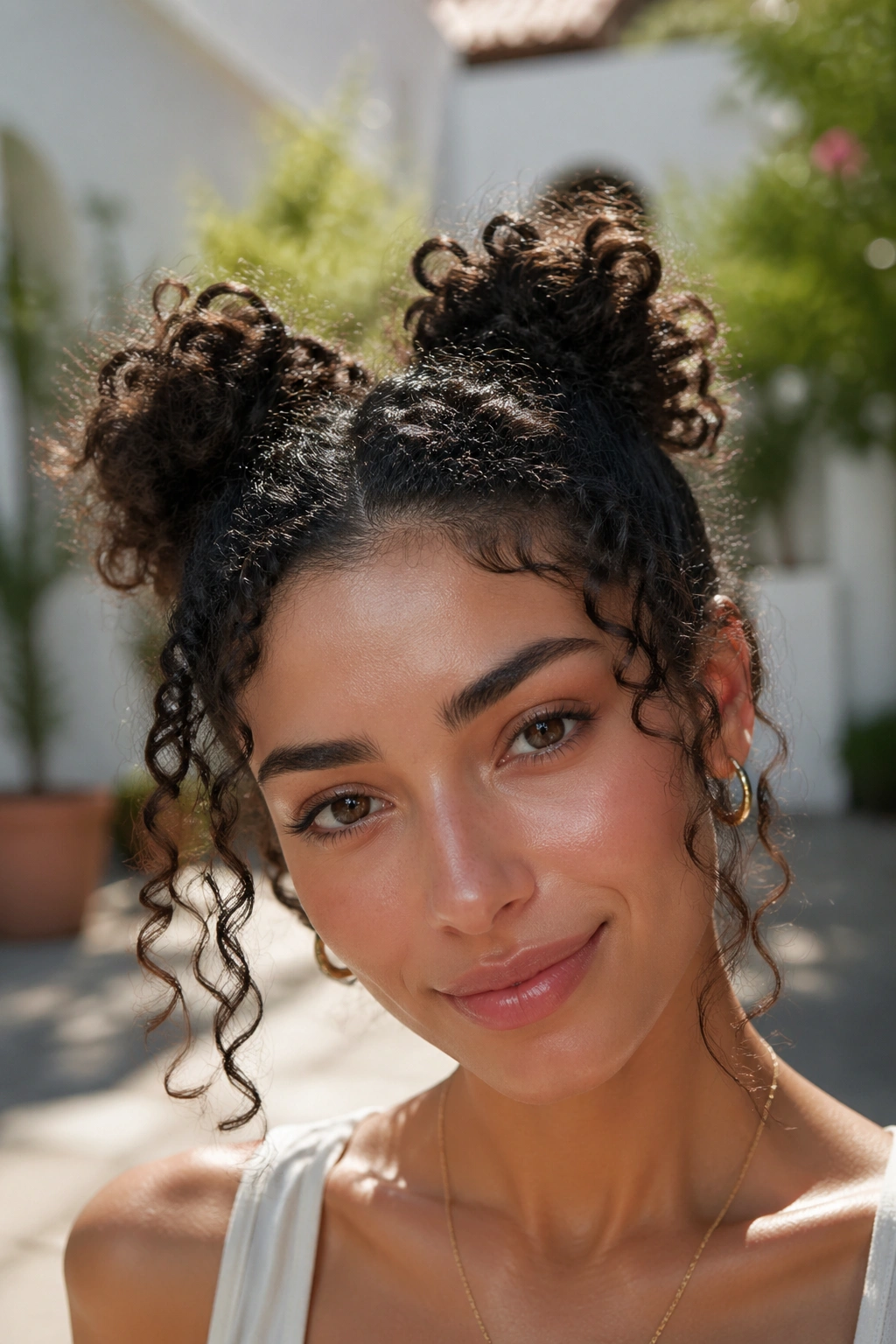 Real woman with curly space buns in outdoor sunlight