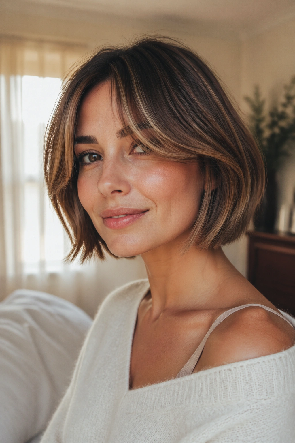 Close-up of a woman with curtain bangs and a bob in warm window light