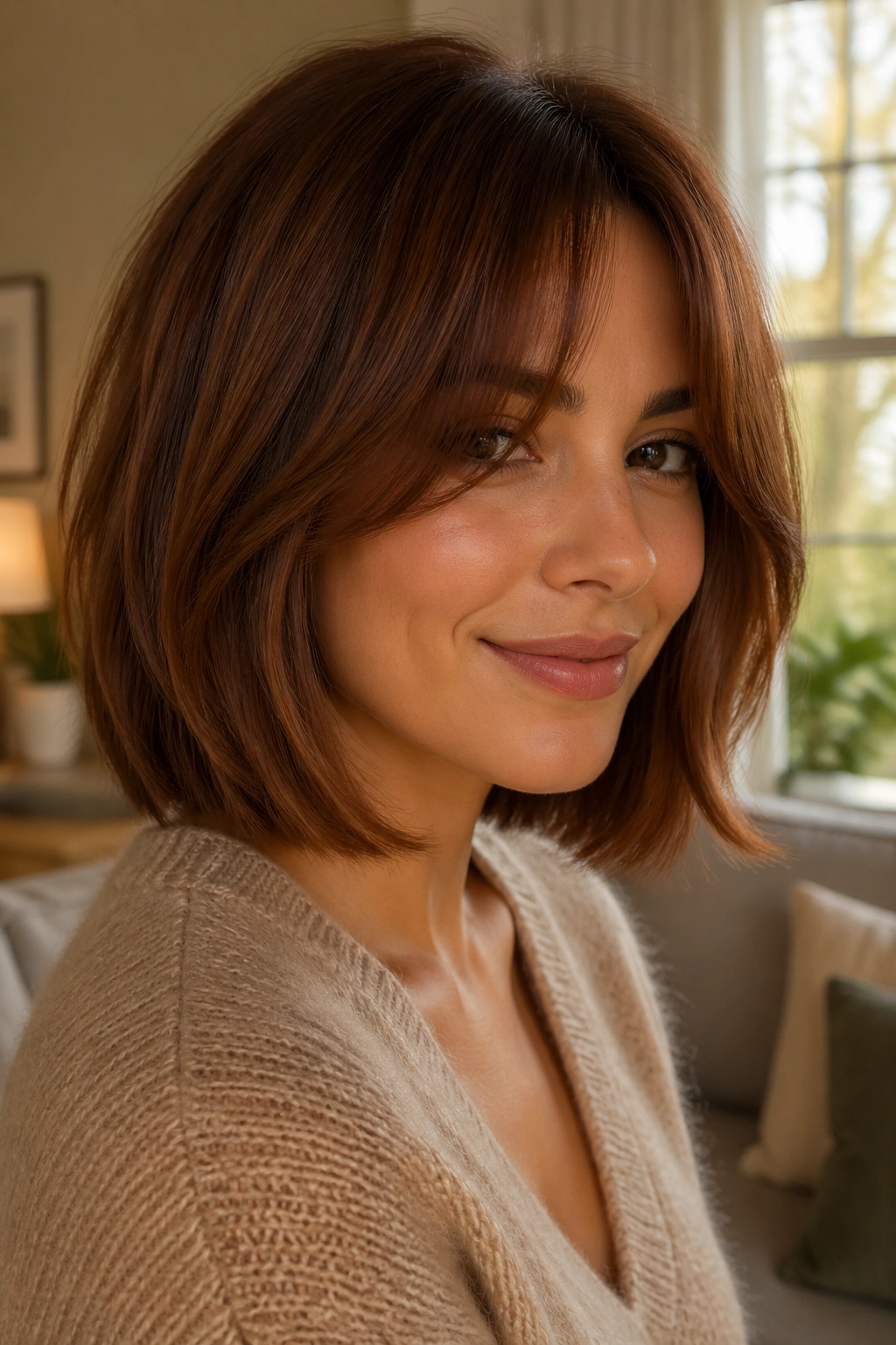 Close-up portrait of a real woman with Curtain-Bang Bob with Cinnamon Brunette hair